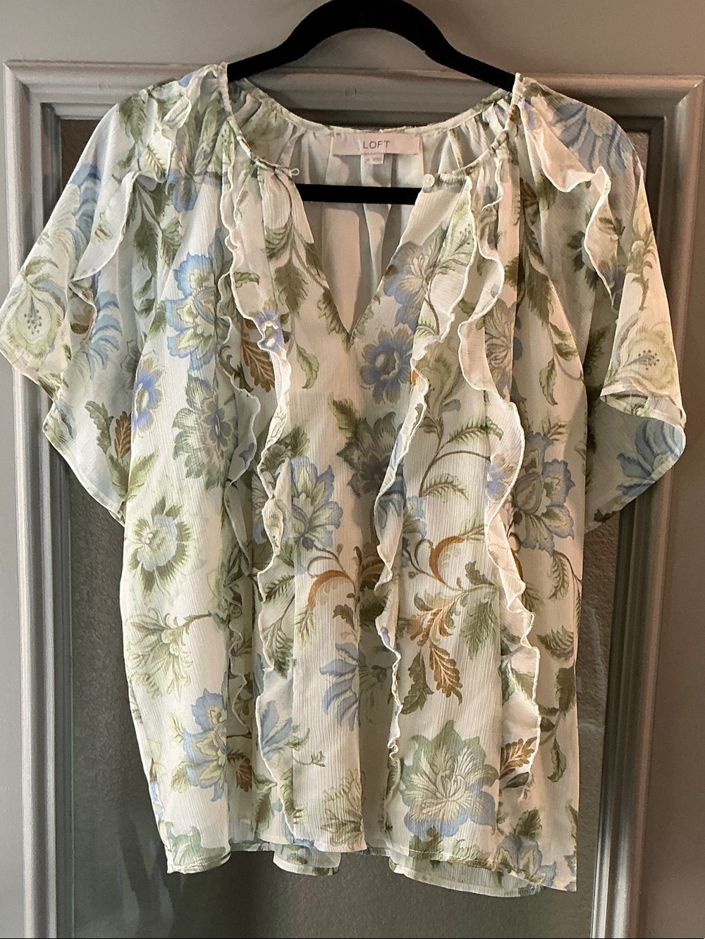 LOFT Floral Ruffle V-Neck Blouse in Light Blue & Sage